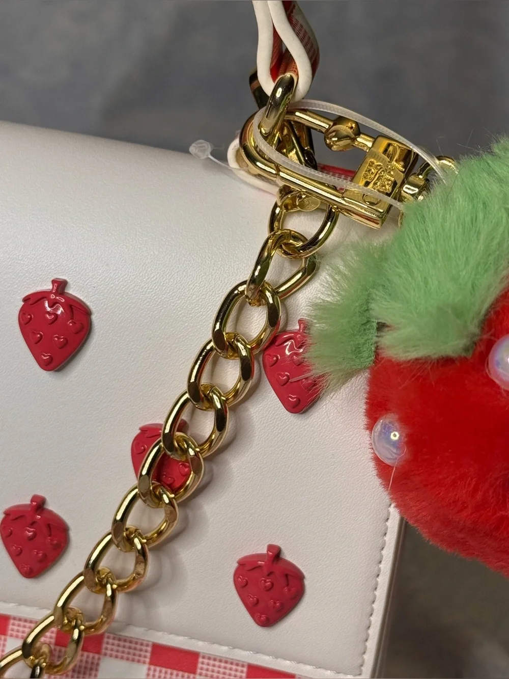 Betsey Johnson White/Red Gingham Strawberry -Handle w/ Removable Crossbody Strap